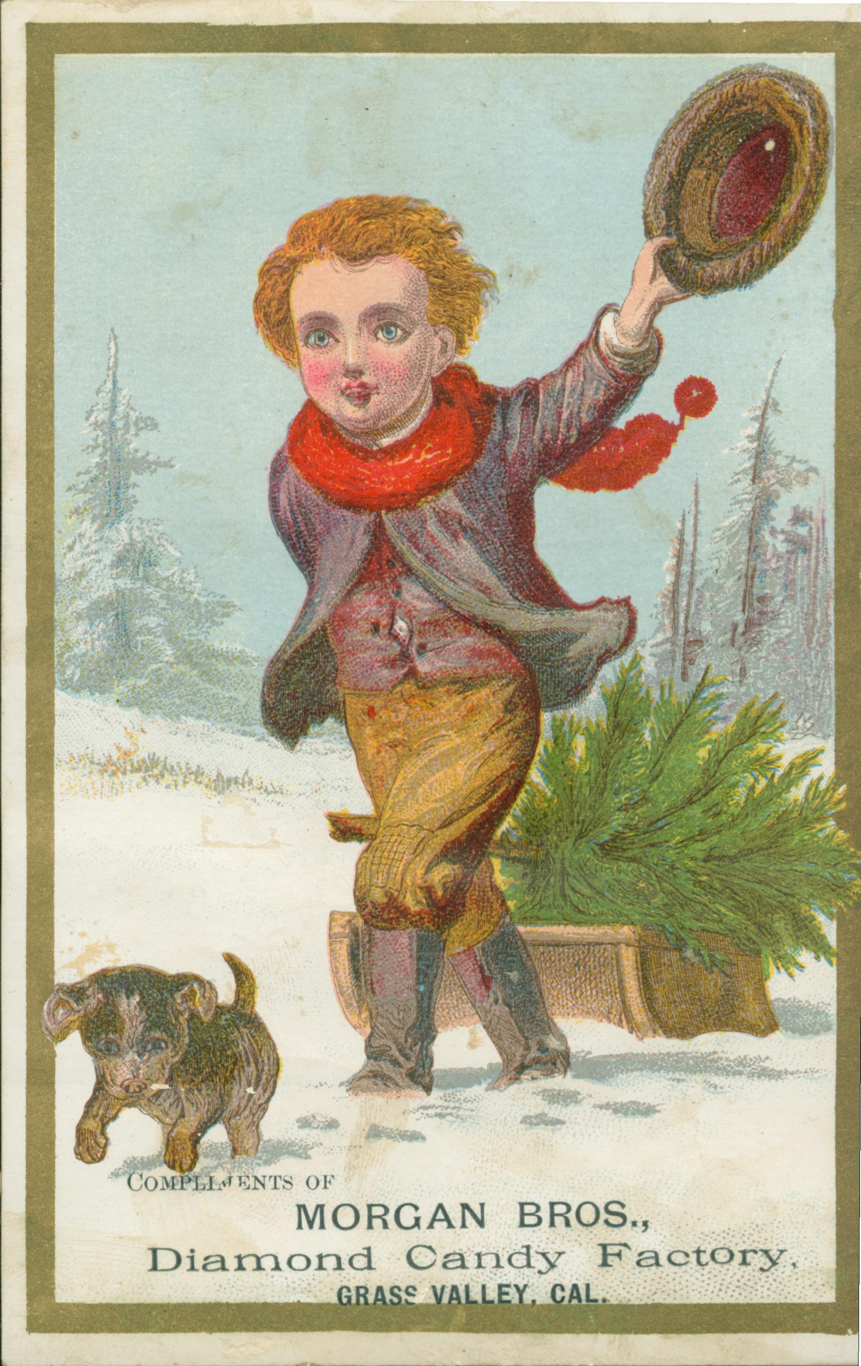 This trade card shows a small boy and his dog, dragging a sled with a small pine tree loaded onto it through the snow.